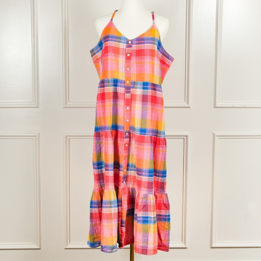 Evereve Maxi Dress Womens Plaid Tiered Button Front XL Pink Multi